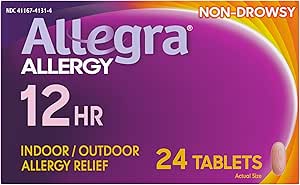 Allegra Adult 12-Hour Allergy Relief Tablets, Non-Drowsy Indoor and Outdoor
Allergy Medicine, 60 mg Fexofenadine HCI Antihistamine Pill, 24-Count