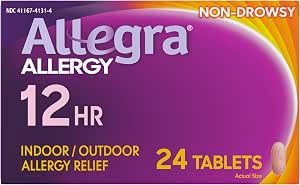 Allegra Adult 12-Hour Allergy Relief Tablets, Non-Drowsy Indoor and Outdoor
Allergy Medicine, 60 mg Fexofenadine HCI Antihistamine Pill, 24-Count