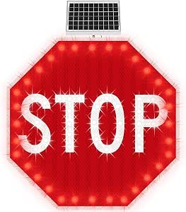 30″ Solar Powered LED Blinking Stop Sign, MUTCD Compliant R1-1 Aluminum Octagon
Reflective LED Flashing Street Metal Sign, Heavy Duty, Rust-proof Metal Frame,
IP65 Waterproof